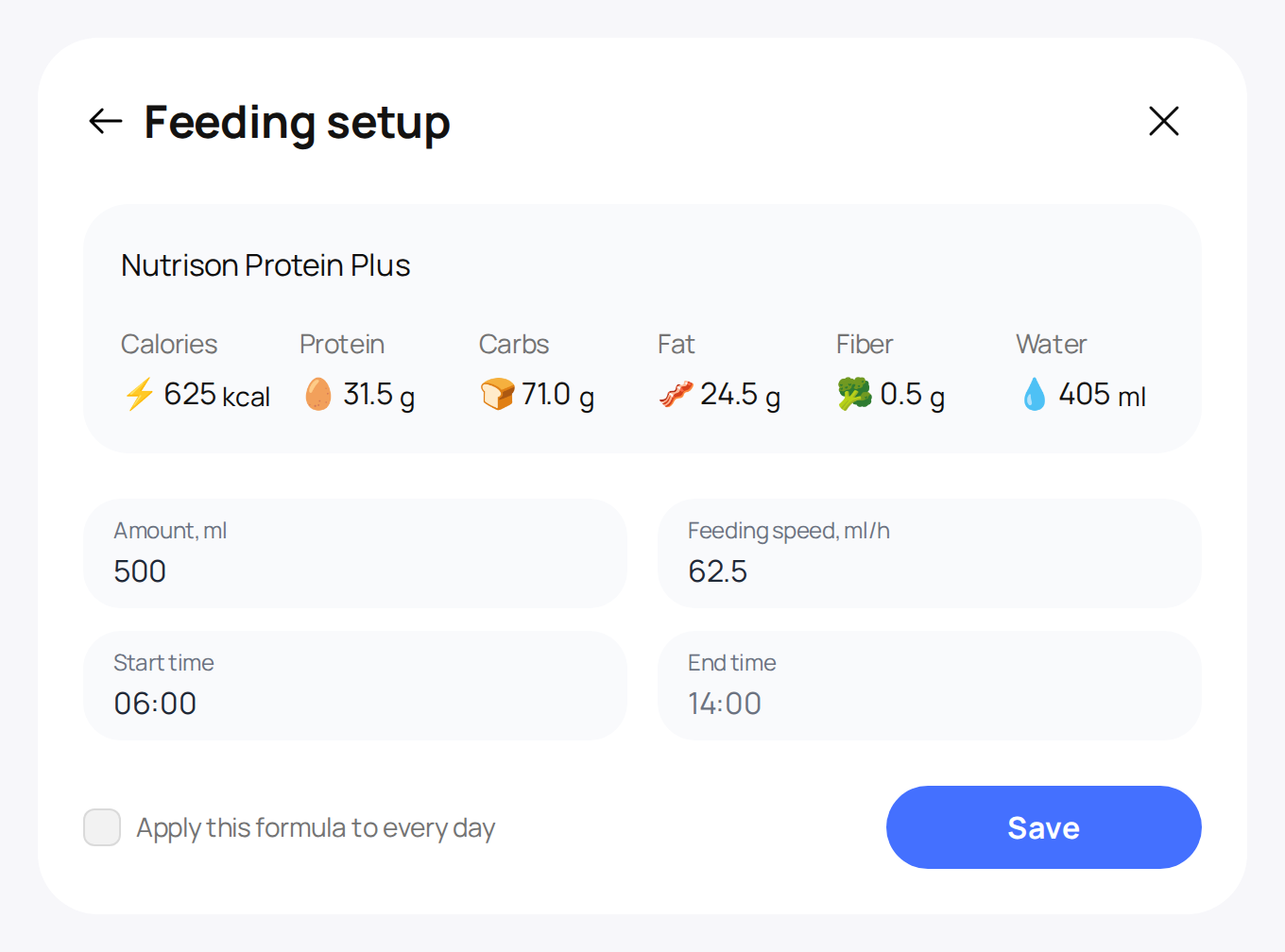 CalcuCare feeding setup: Nutrison Protein Plus selected, 500 ml at 62.5 ml/h from 06:00, with the end time of 14:00 and the resulting calories, protein, carbs, fat, fibre and water calculated automatically.
